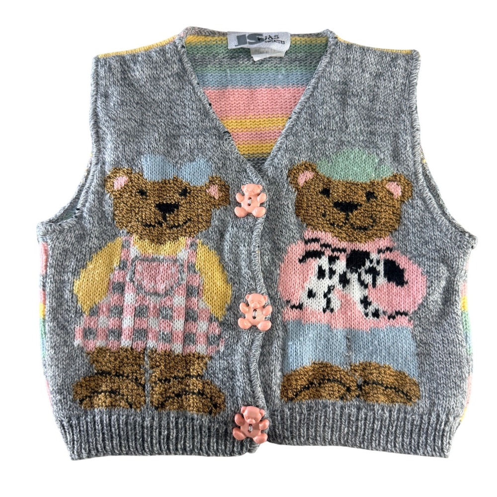 Vintage Teddy Bear‎ Sweater Vest Kids Medium Cottagecore Novelty Knit USA Made